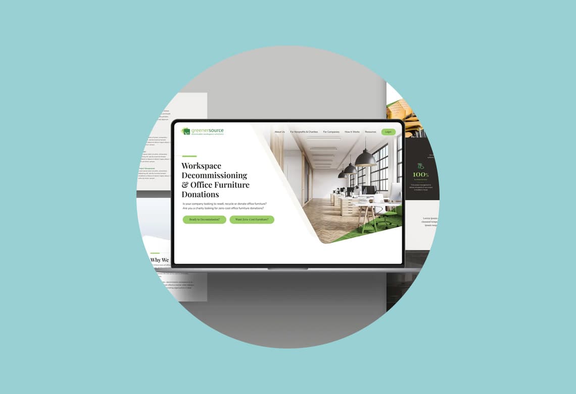 A computer screen displays a website about workspace decommissioning and office furniture donations, featuring a modern office interior image and showcasing expert website design and white space from a leading web design agency